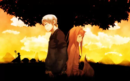 A vibrant HD wallpaper featuring Holo and Kraft Lawrence from Spice and Wolf, set against a warm sunset backdrop and a silhouetted tree, capturing their unique bond.
