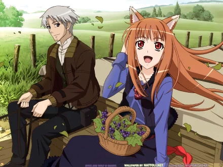 Holo from Spice & Wolf with Kraft Lawrence sitting outdoors in a scenic countryside, featuring vibrant anime-style HD desktop wallpaper art.