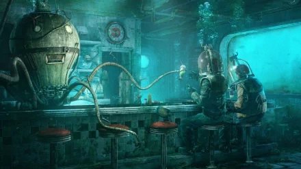 Underwater sci-fi wallpaper featuring people in diving suits sitting at a bar served by a mechanical robot in a futuristic fantasy setting.