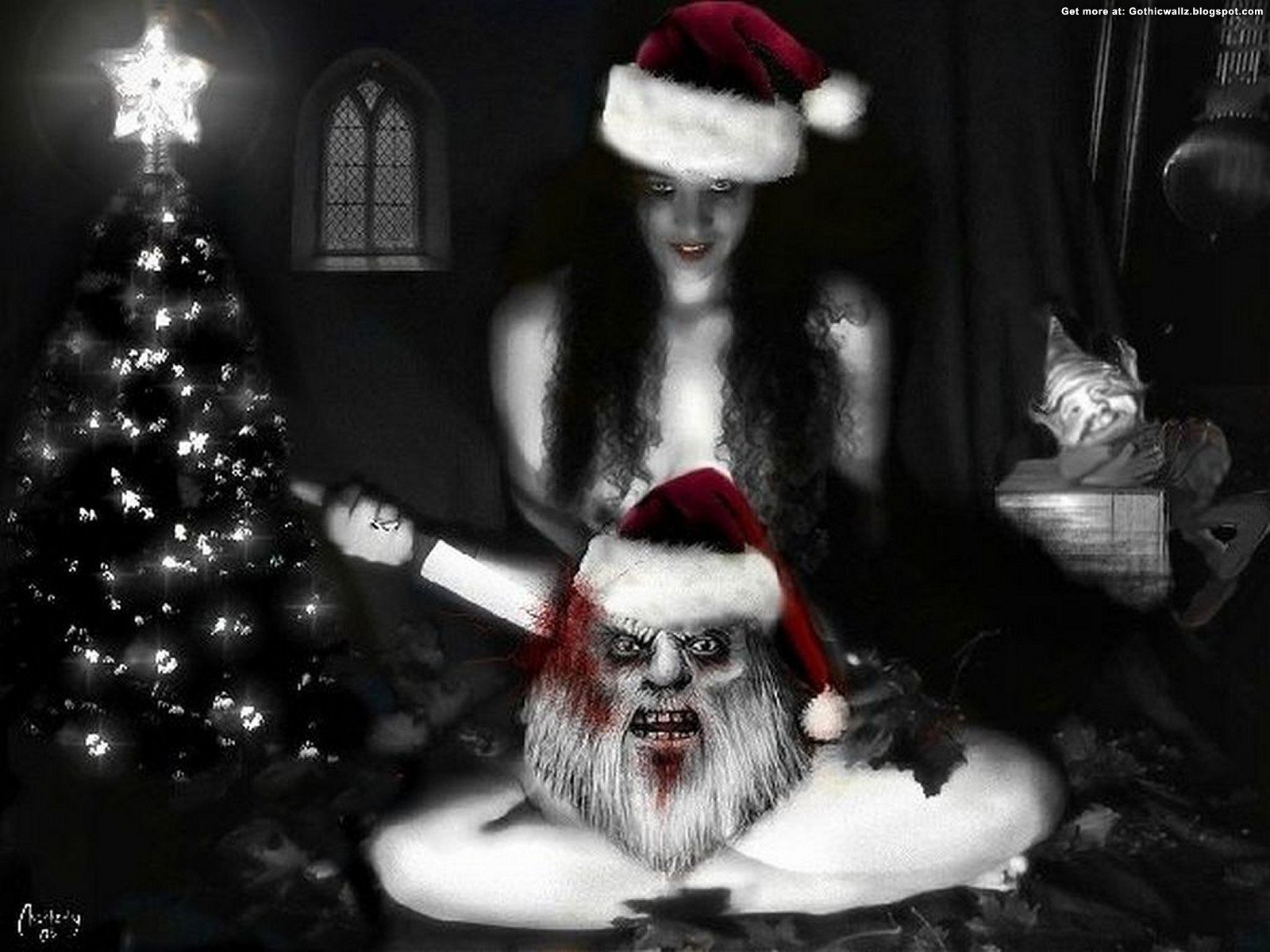 A dark, gothic HD wallpaper featuring a woman with long hair, playfully holding a knife, and a menacing Santa figure with a red hat, set against a festive backdrop.
