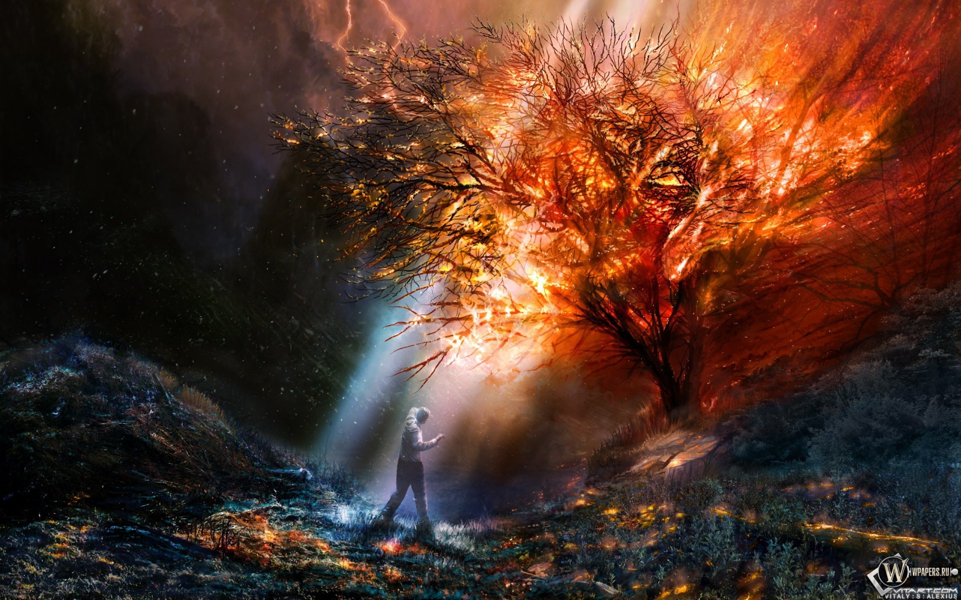 A fantasy-themed HD PC desktop wallpaper depicting a person holding a light near a fiery, glowing tree in a dark, mystical landscape.