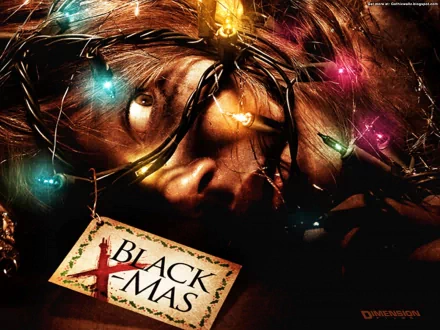 HD PC desktop wallpaper: close-up of a woman's face tangled in colorful Christmas lights and barbed wire, a Black Christmas (2006) tag visible.