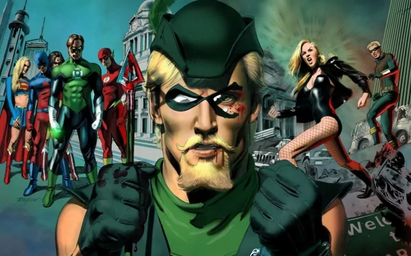 A dynamic DC Comics wallpaper featuring Wally West, Connor Hawke, Hal Jordan, Oliver Queen, Kara Zor-El, Atom, Black Canary, Wonder Woman, and others in a vibrant superhero scene.