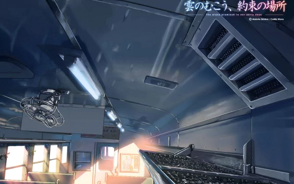 An HD desktop wallpaper from the anime The Place Promised In Our Early Days, featuring a train interior illuminated by soft light, creating a serene and nostalgic atmosphere.