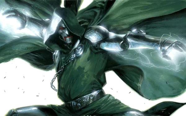 A dynamic HD image of Doctor Doom from the Fantastic Four comics, showcasing his menacing pose with energy emanating from his outstretched hands against a dramatic backdrop.