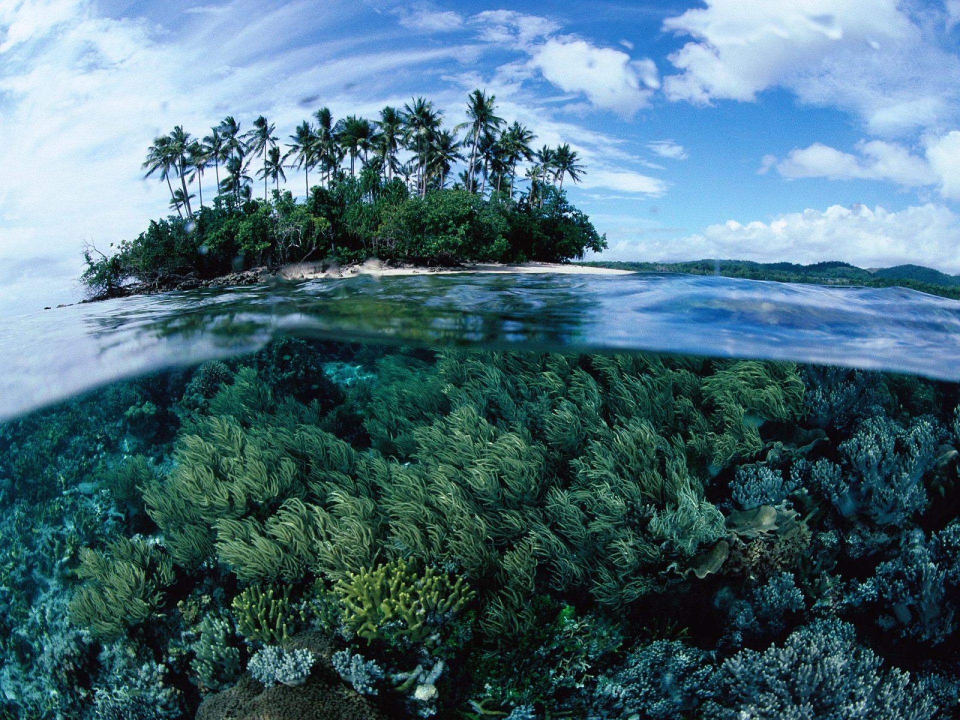 HD PC desktop wallpaper of a tropical island surrounded by clear blue water and vibrant coral reefs beneath a bright, partly cloudy sky.