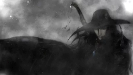 HD desktop wallpaper featuring Vampire Hunter D, an anime character. The mysterious figure in a dark, misty background with a wide-brimmed hat creates an enigmatic and atmospheric scene.