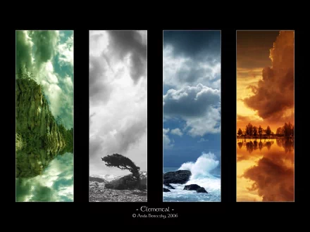 A high-definition desktop wallpaper showcasing nature during all four seasons: lush summer, bare winter, stormy spring, and fiery fall. Each season is vividly depicted in separate vertical panels.