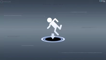 A minimalist HD wallpaper from the video game Portal, featuring a simple figure falling into a circular portal on a smooth gray background.