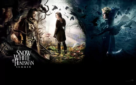 HD desktop wallpaper featuring Chris Hemsworth, Charlize Theron, and Kristen Stewart from the movie Snow White and the Huntsman.