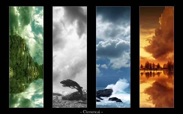 A high-definition desktop wallpaper showcasing nature during all four seasons: lush summer, bare winter, stormy spring, and fiery fall. Each season is vividly depicted in separate vertical panels.