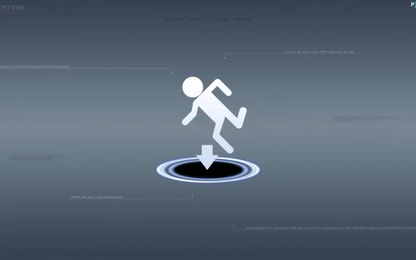 A minimalist HD wallpaper from the video game Portal, featuring a simple figure falling into a circular portal on a smooth gray background.