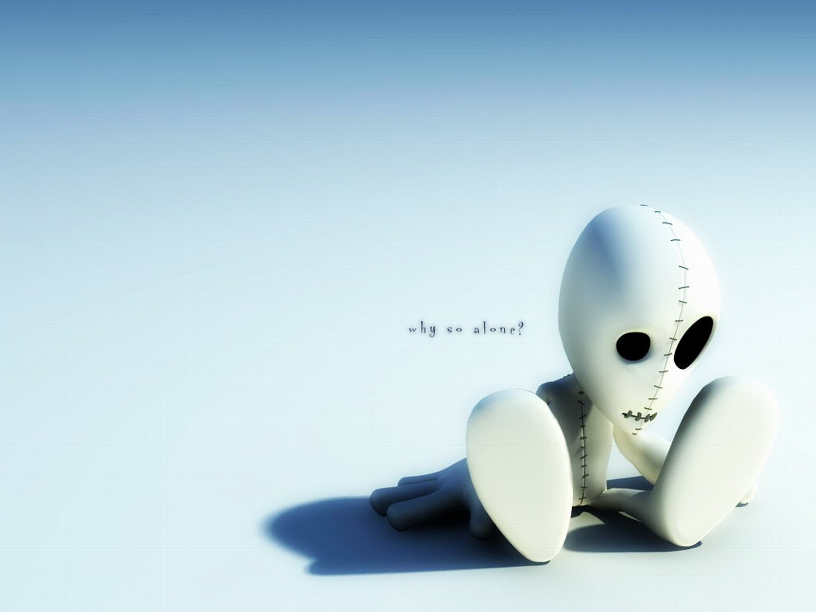 HD PC desktop wallpaper: lonely white stitched zombie doll with hollow black eyes sits casting a long shadow on a pale background, emo and dark atmosphere.