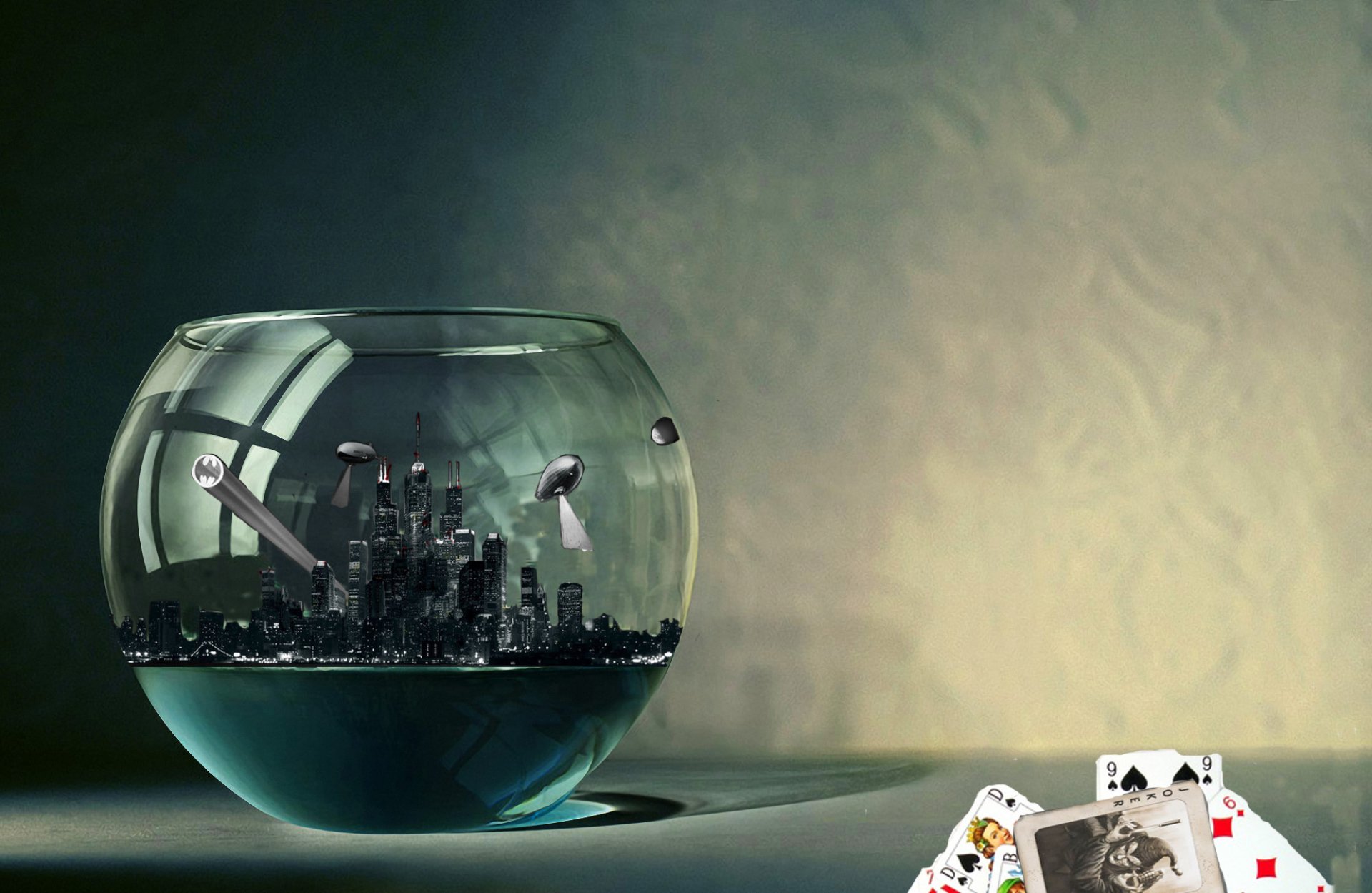 HD PC desktop wallpaper showing a fantasy cityscape inside a glass fishbowl with miniature buildings under soft lighting, evoking a surreal, imaginative atmosphere.