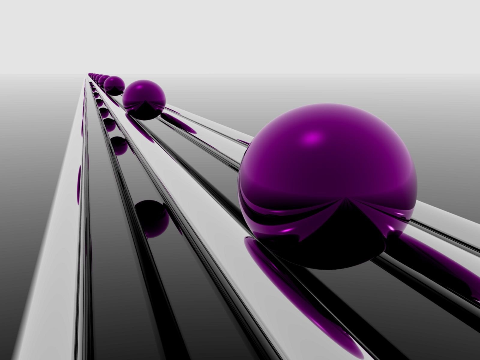 A striking HD desktop wallpaper featuring sleek, glossy black and silver lines, accented by vibrant purple spheres, creating a modern and artistic backdrop.