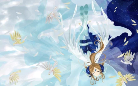 Belldandy from Ah! My Goddess anime in an HD PC desktop wallpaper and background: serene, winged goddess drifting amid a blue, water-like sky with scattered white flowers.
