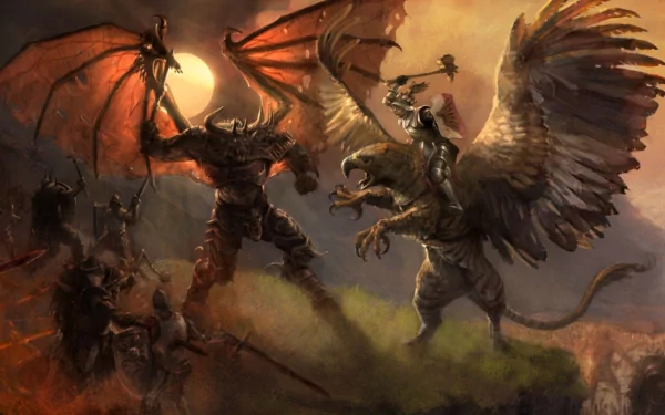 HD fantasy desktop wallpaper depicting an intense battle between a fierce demon and a knight riding a griffin under a fiery, smoky sky.