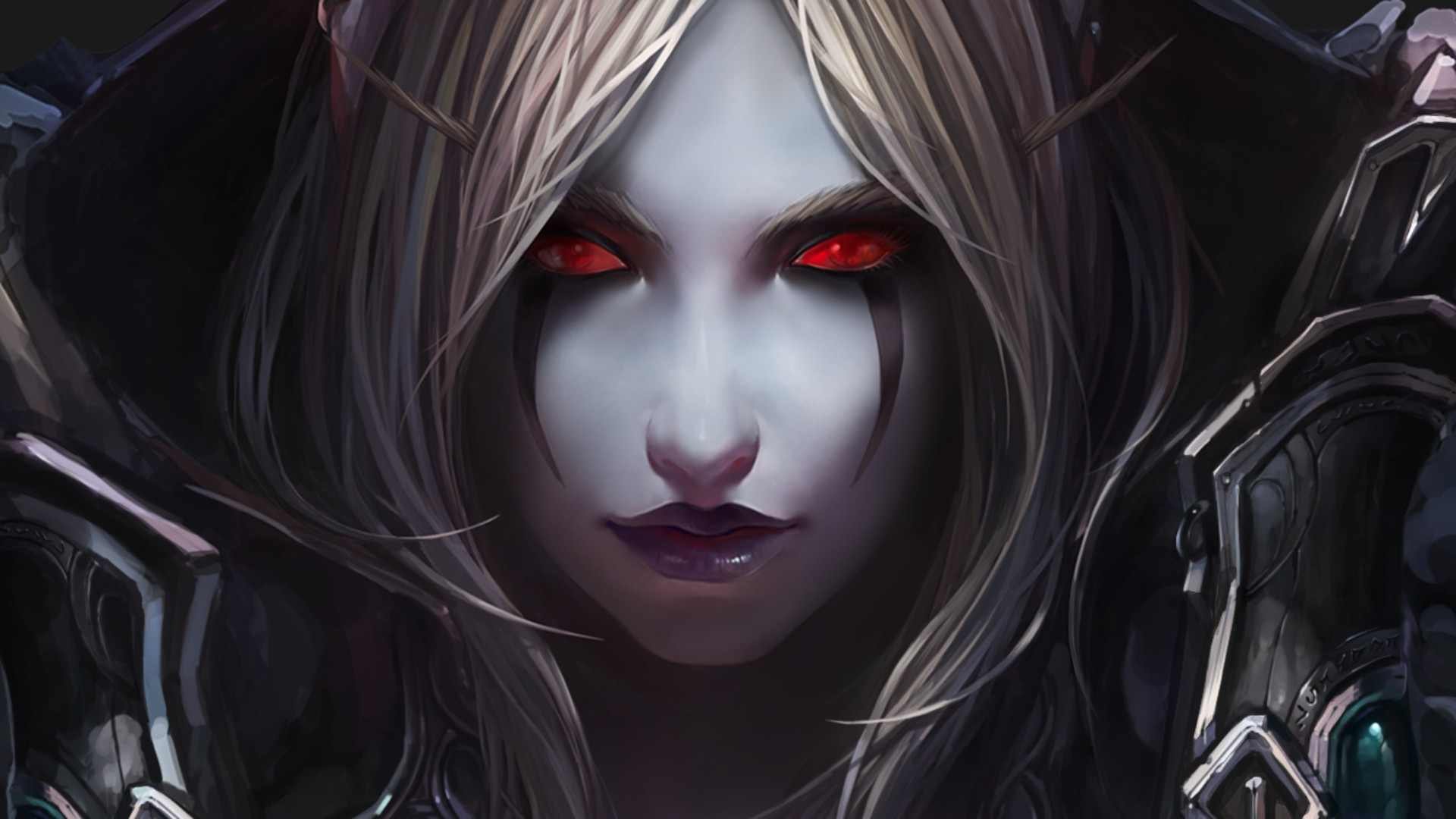 A striking HD wallpaper featuring a character from World of Warcraft, showcasing her pale skin, long white hair, and piercing red eyes against a dark backdrop.