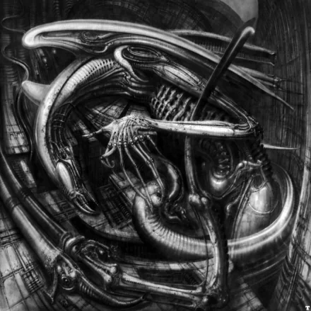 High-definition sci-fi wallpaper featuring a detailed, metallic alien in a dark, futuristic setting.