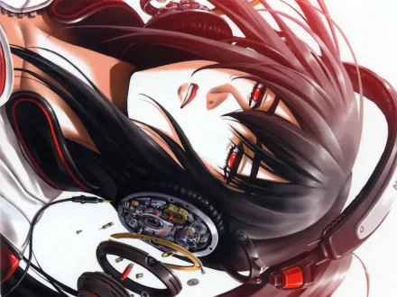 A striking HD wallpaper featuring a character with long black hair, red eyes, and headphones, immersed in the vibrant world of beatmania and video gaming.