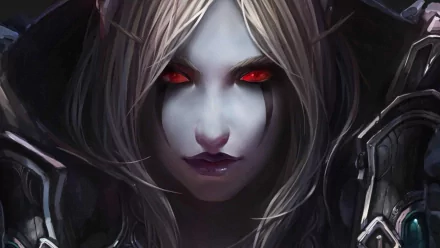 A striking HD wallpaper featuring a character from World of Warcraft, showcasing her pale skin, long white hair, and piercing red eyes against a dark backdrop.