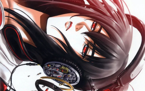 A striking HD wallpaper featuring a character with long black hair, red eyes, and headphones, immersed in the vibrant world of beatmania and video gaming.
