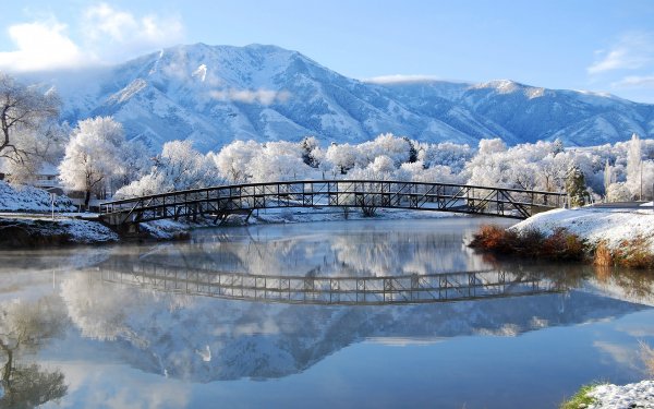 Fotografía Invierno Puente Árbol Frost Snow Montaña Reflejo Fondo de pantalla HD | Fondo de Escritorio