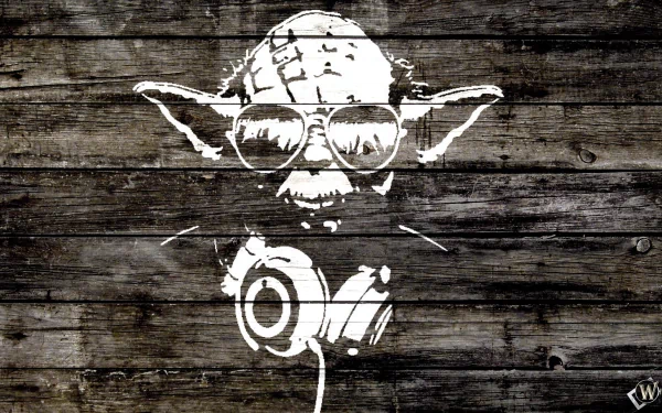 An artistic HD wallpaper featuring Yoda wearing sunglasses and headphones against a wooden background, blending music and iconic imagery.
