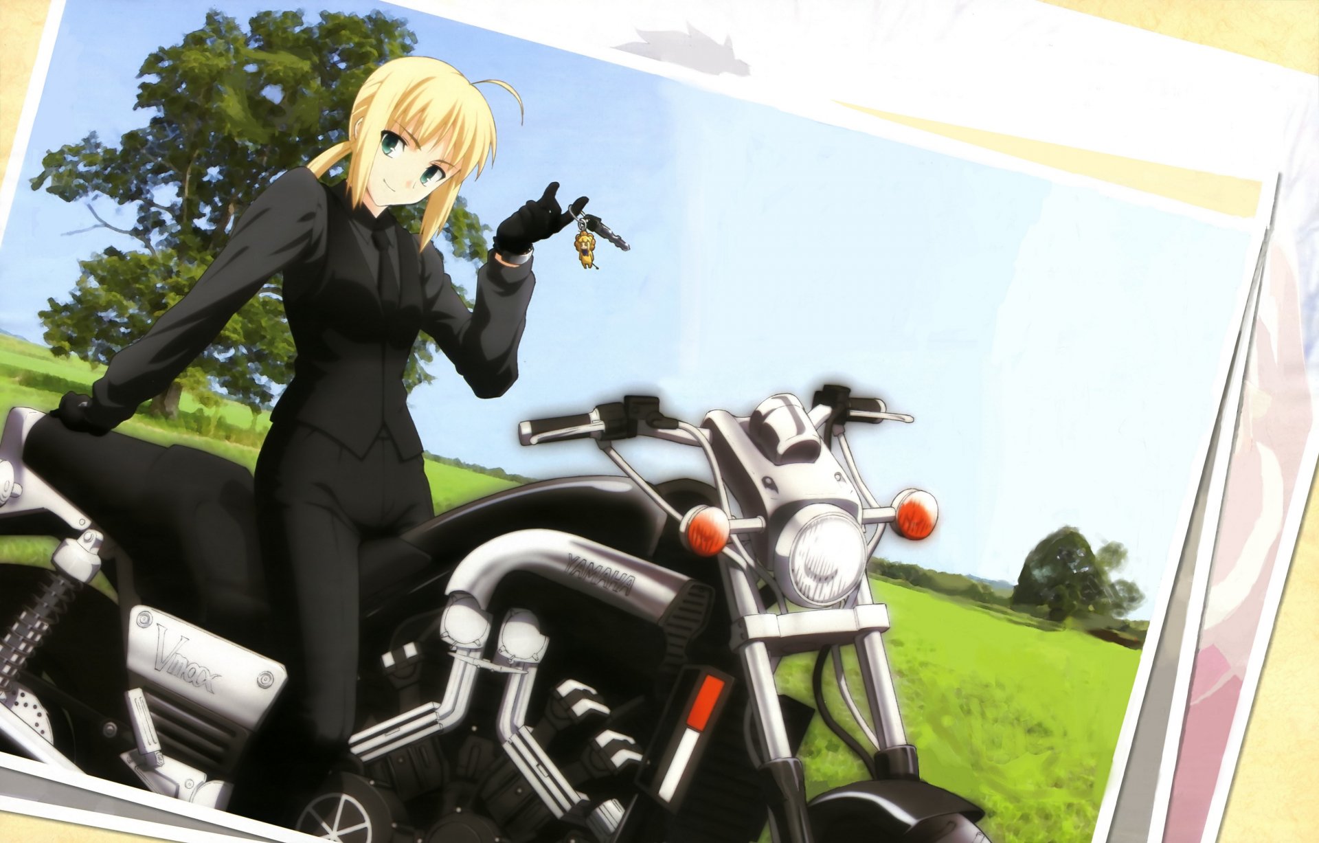 4K Ultra HD anime wallpaper featuring Saber from Fate/Zero, standing confidently next to a black motorcycle in a vibrant outdoor setting.