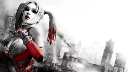 HD wallpaper featuring Harley Quinn from the video game Batman: Arkham City, set against a dramatic, stylized backdrop of a chaotic Gotham City.