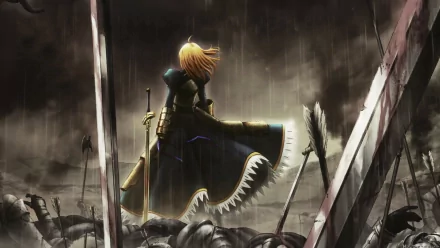 HD desktop wallpaper featuring Saber from Fate/Zero. The anime character stands in a rain-soaked, battlefield background with swords and fallen warriors.