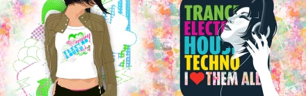 Anime-style HD PC desktop wallpaper featuring a colorful, abstract background with bold text highlighting music genres like trance, electro, house, and techno.