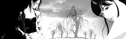 Artistic black-and-white HD PC desktop wallpaper and background: a stylized woman stands at left beside gnarled willow trees under a cloudy sky.