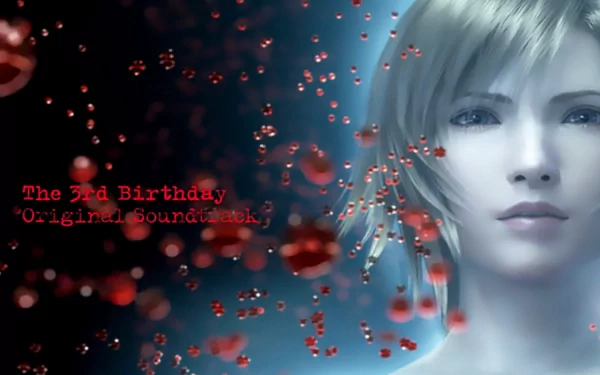 HD PC desktop wallpaper featuring a close-up of a character from the video game Parasite Eve, with red particles floating in a dark, atmospheric background.