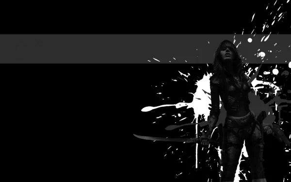 HD PC desktop wallpaper featuring a silhouette of a female video game character from Wet, set against a black background with white paint splatter effects.