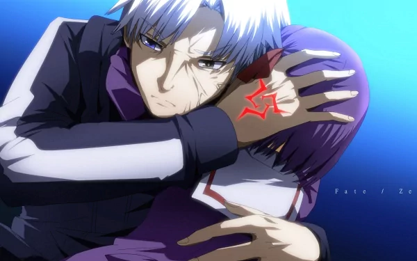 Sakura Matou and Kariya Matou share an intense moment in this HD wallpaper inspired by Fate/Zero, highlighting their emotional connection and the series' dramatic themes.