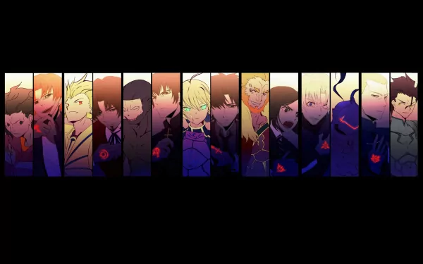 A vibrant HD desktop wallpaper featuring characters from the anime Fate/Zero, arranged in striking vertical panels against a dark background.