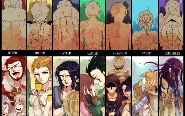 Anime-themed HD wallpaper featuring characters from Fate/Zero, including Rider, Caster, Lancer, Archer, Assassin, Berserker, and Saber, showcasing their unique designs and expressions.