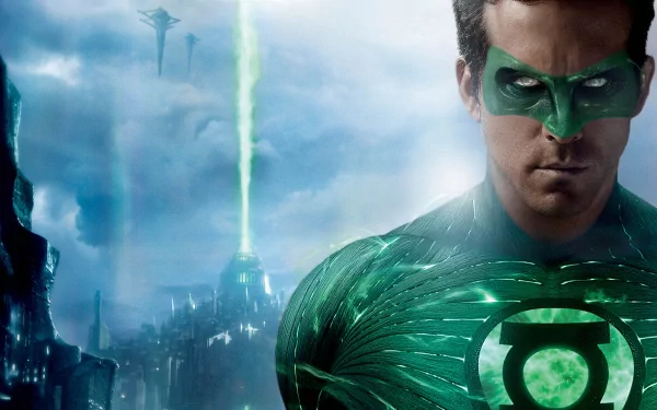 HD desktop wallpaper featuring Ryan Reynolds as Green Lantern with a glowing green suit and cityscape background under a cloudy sky.