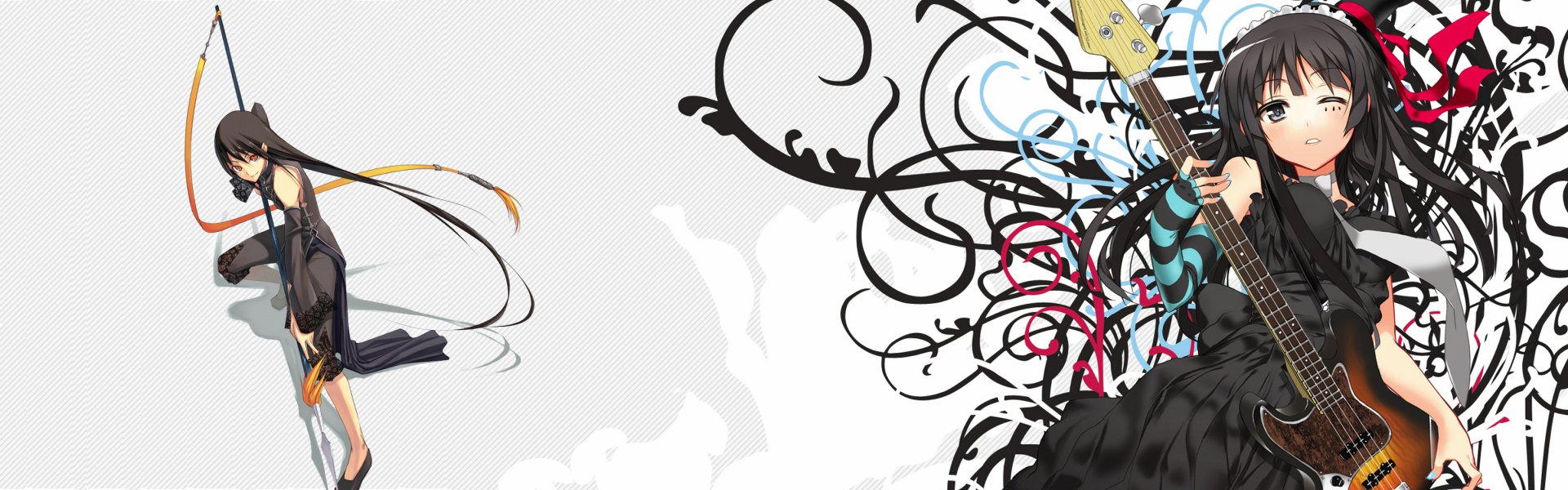 HD PC desktop wallpaper featuring a dynamic crossover of K-ON! anime characters with artistic black and colorful abstract floral designs.