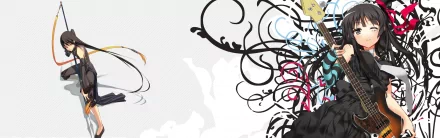 HD PC desktop wallpaper featuring a dynamic crossover of K-ON! anime characters with artistic black and colorful abstract floral designs.