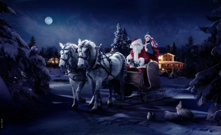 HD desktop wallpaper of a holiday scene featuring Santa Claus in a sleigh, pulled by horses, under a starry night sky with snowy surroundings and illuminated cozy homes in the background.
