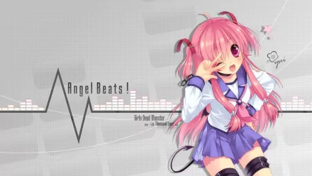 HD PC desktop wallpaper of Yui (Angel Beats!) — pink-haired anime girl in a school uniform winking with a hand to one eye, set against a gray background with an audio visualizer and Angel Beats! logo.