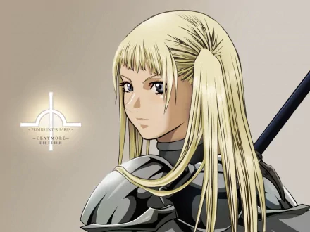 Anime Claymore HD PC wallpaper: a blonde Claymore warrior in armor, sword slung on her back, glancing over her shoulder against a plain, muted background.