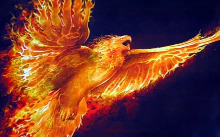 HD desktop wallpaper featuring a fiery phoenix with outstretched wings, engulfed in flames, against a dark background. This fantasy bird symbolizes rebirth and is depicted in vivid, high-definition colors.