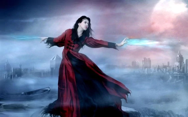 Fantasy-themed HD PC desktop wallpaper featuring a witch in a flowing red dress casting glowing spells against a misty, futuristic cityscape backdrop.