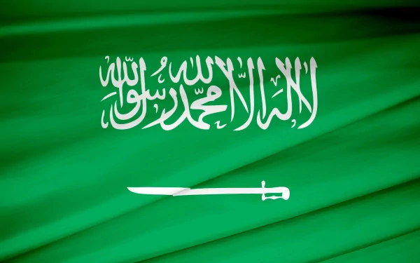 A vibrant 4K Ultra HD wallpaper featuring the flag of Saudi Arabia, showcasing its green background and white Arabic script along with a traditional sword design.