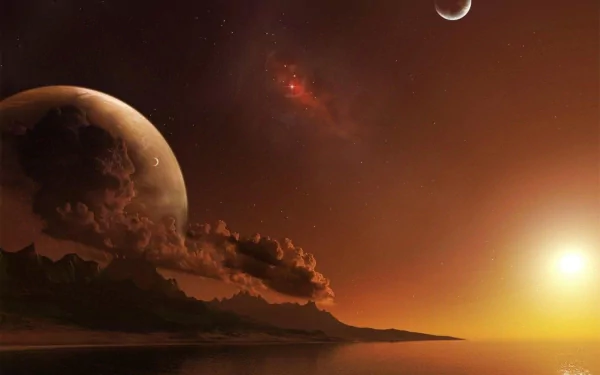 A dreamy landscape featuring a serene ocean under a glowing sunset, with distant planets and clouds, creating a stunning nature-inspired HD desktop wallpaper.