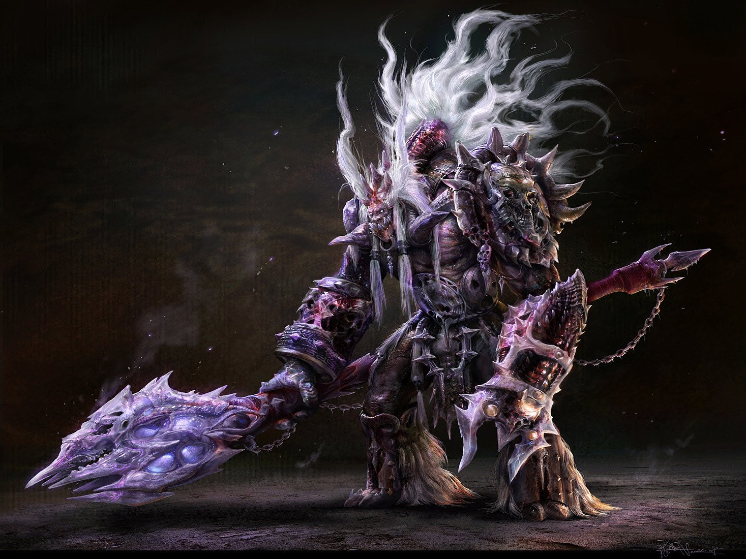 Dark, menacing monster creature with glowing white hair and spiked armor, wielding a large jagged weapon, featured as an HD PC desktop wallpaper and background.
