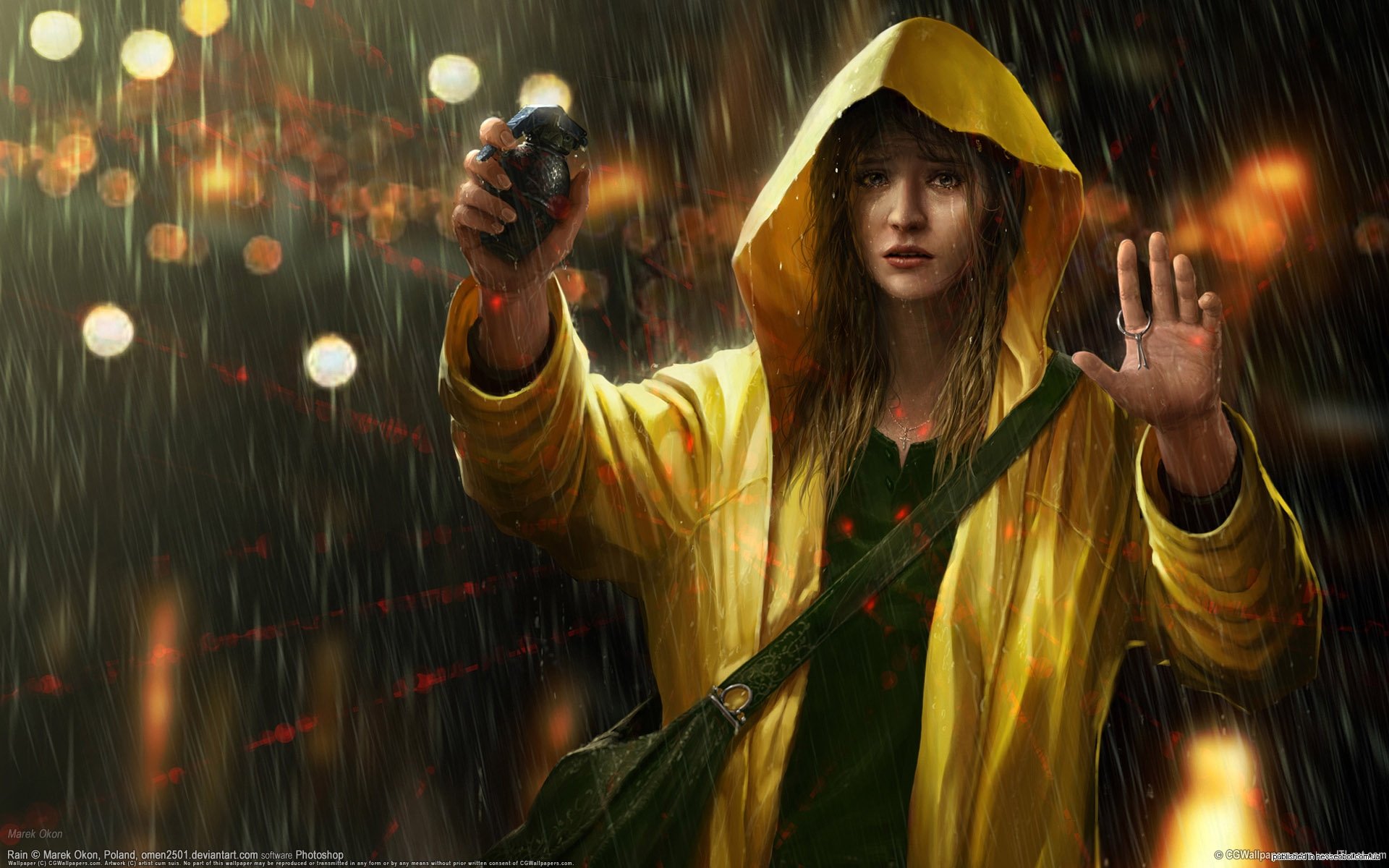 A Sci-Fi HD desktop wallpaper featuring a woman in a yellow raincoat holding a grenade in a rain-soaked urban setting.
